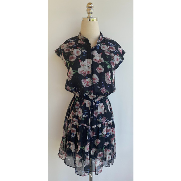 REBECCA MINKOFF Floral A Line Floral Mini Dress Black Rose Tiered Skirt XS - Picture 4 of 14